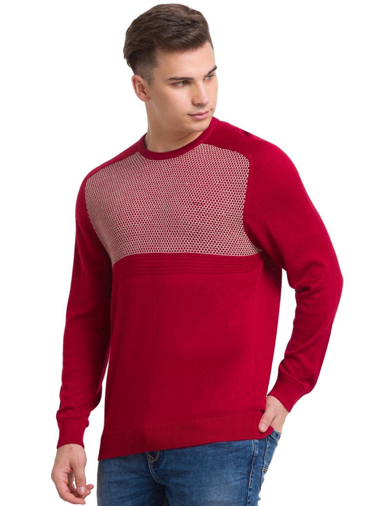 ColorPlus Red Tailored Fit Self Pattern Sweater