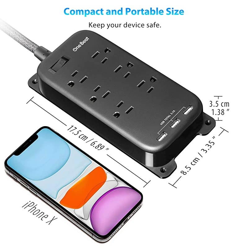 6 Outlets Power Strip with 3 USB (3.1A,15W),  Wall Mountable Power Strip Flat Plug with 6Ft Braided Extension Cord, Overload Protection for Travel Desk Office Home Cruise Ship