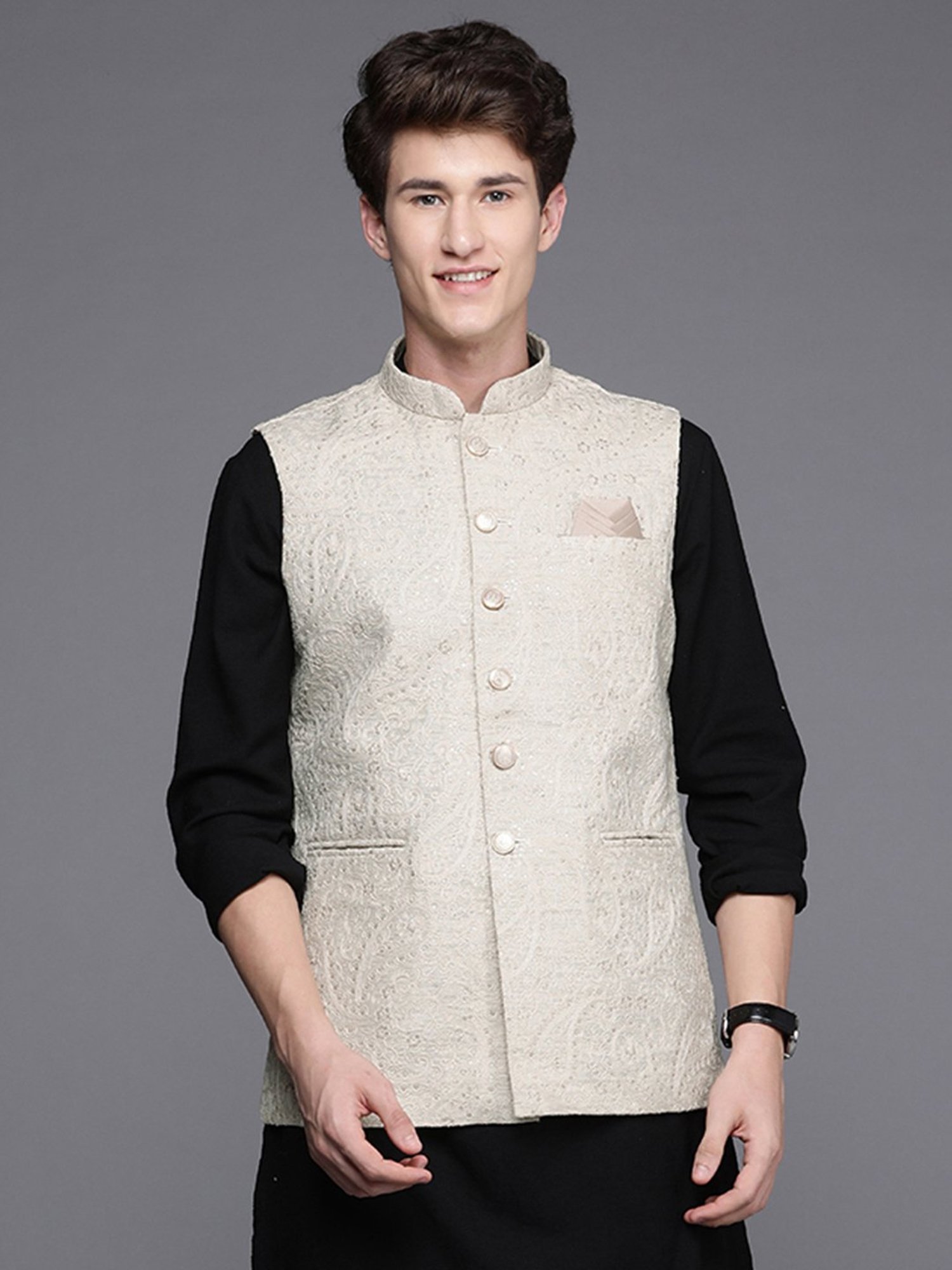 Manyavar Beige Regular Fit Self Design Nehru Jacket