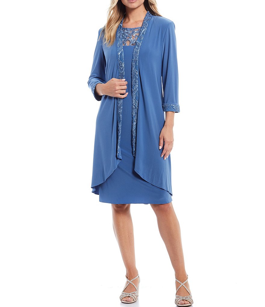 Le Bos Embroidered Jewel Neck 3/4 Sleeve Trim Duster 2-Piece Jacket Dress