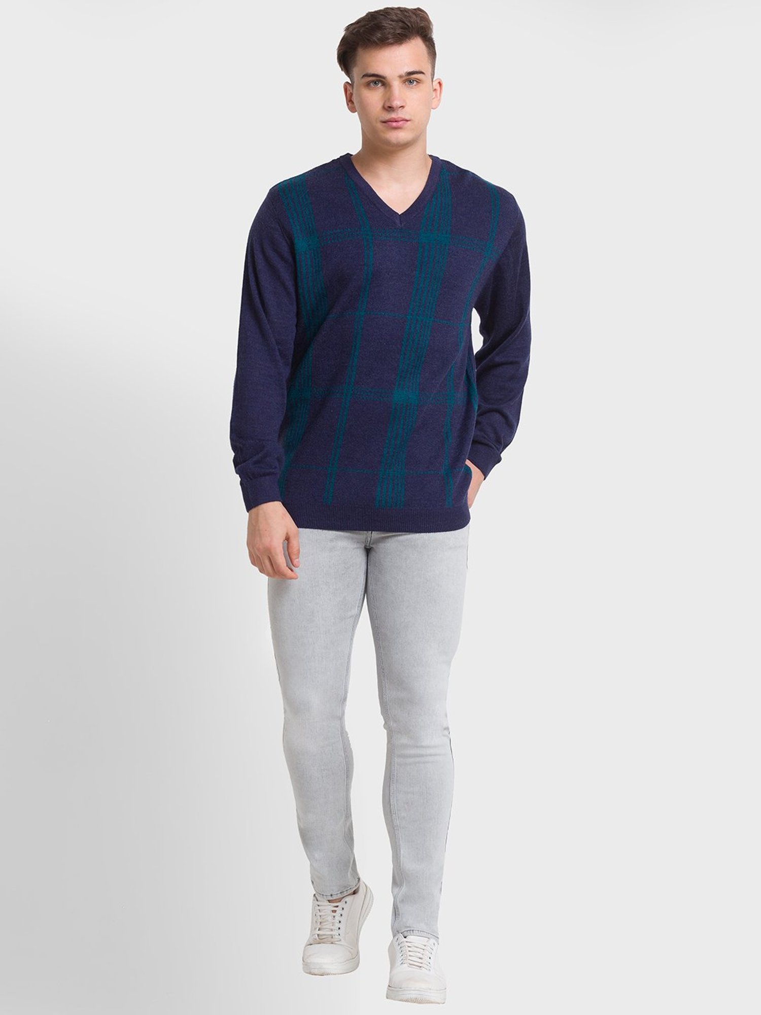 ColorPlus Blue Tailored Fit Checks Sweaters