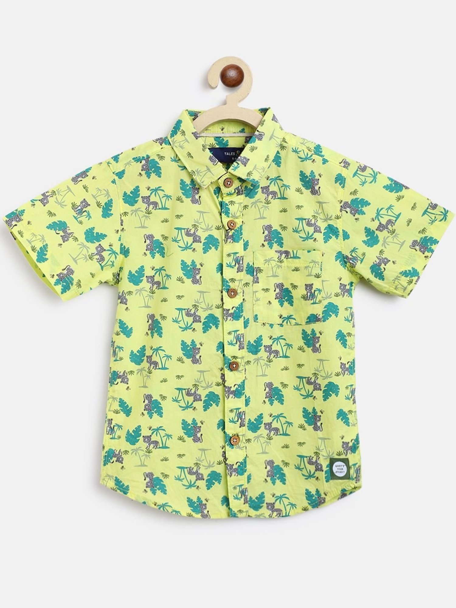 Tales & Stories Kids Lemon Green & Blue Cotton Printed Shirt