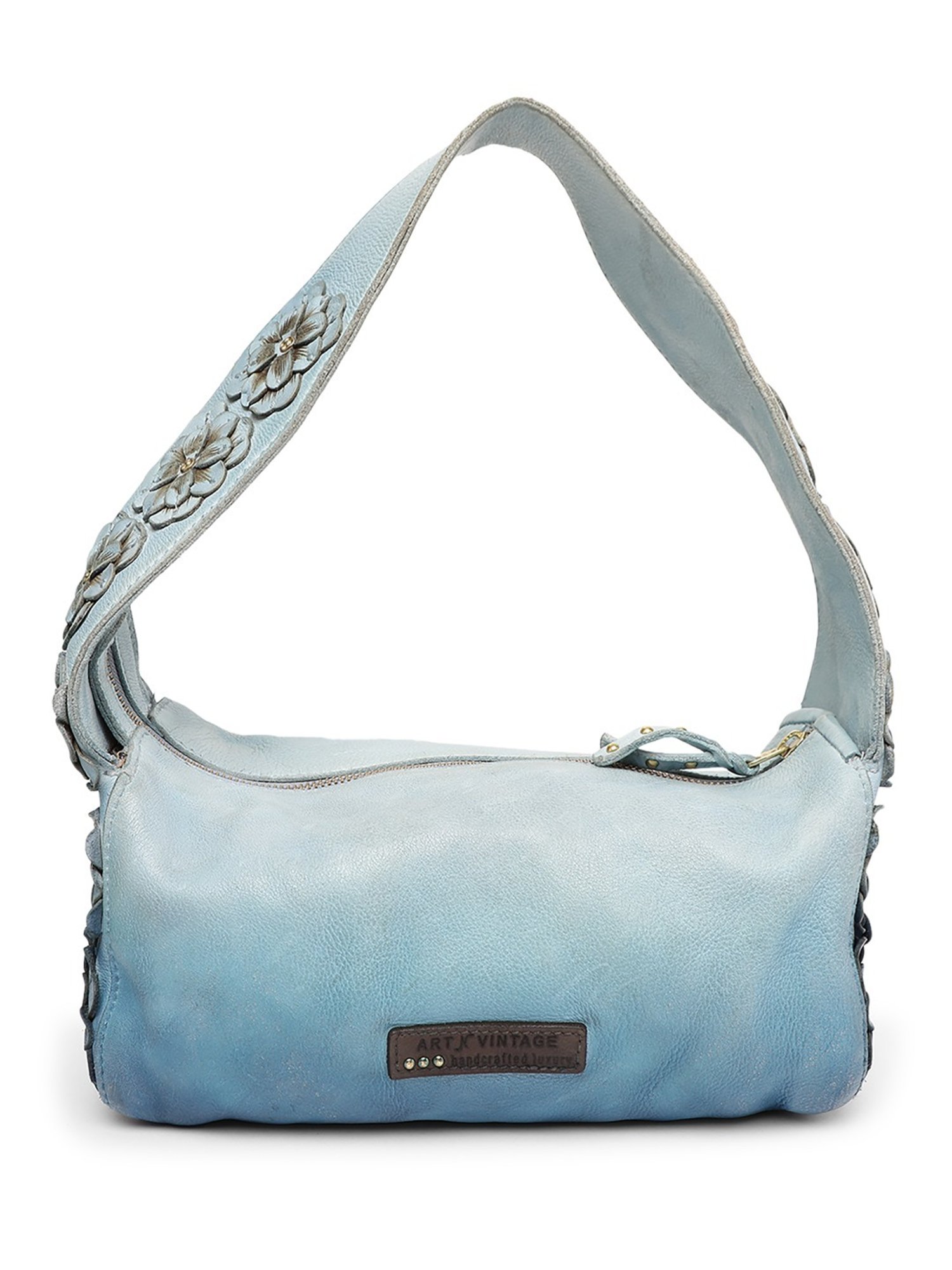 Art N Vintage Azure Aster Blue Leather Floral Medium Hobo Handbag
