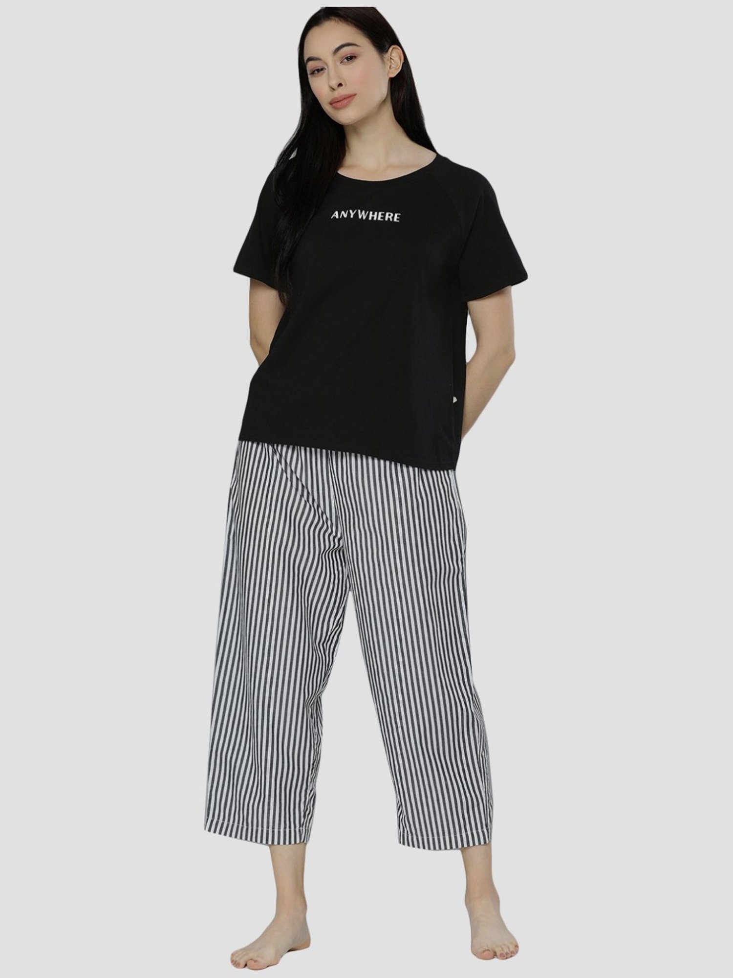 Chemistry Black & White Cotton Printed T-Shirt Pyjama Set