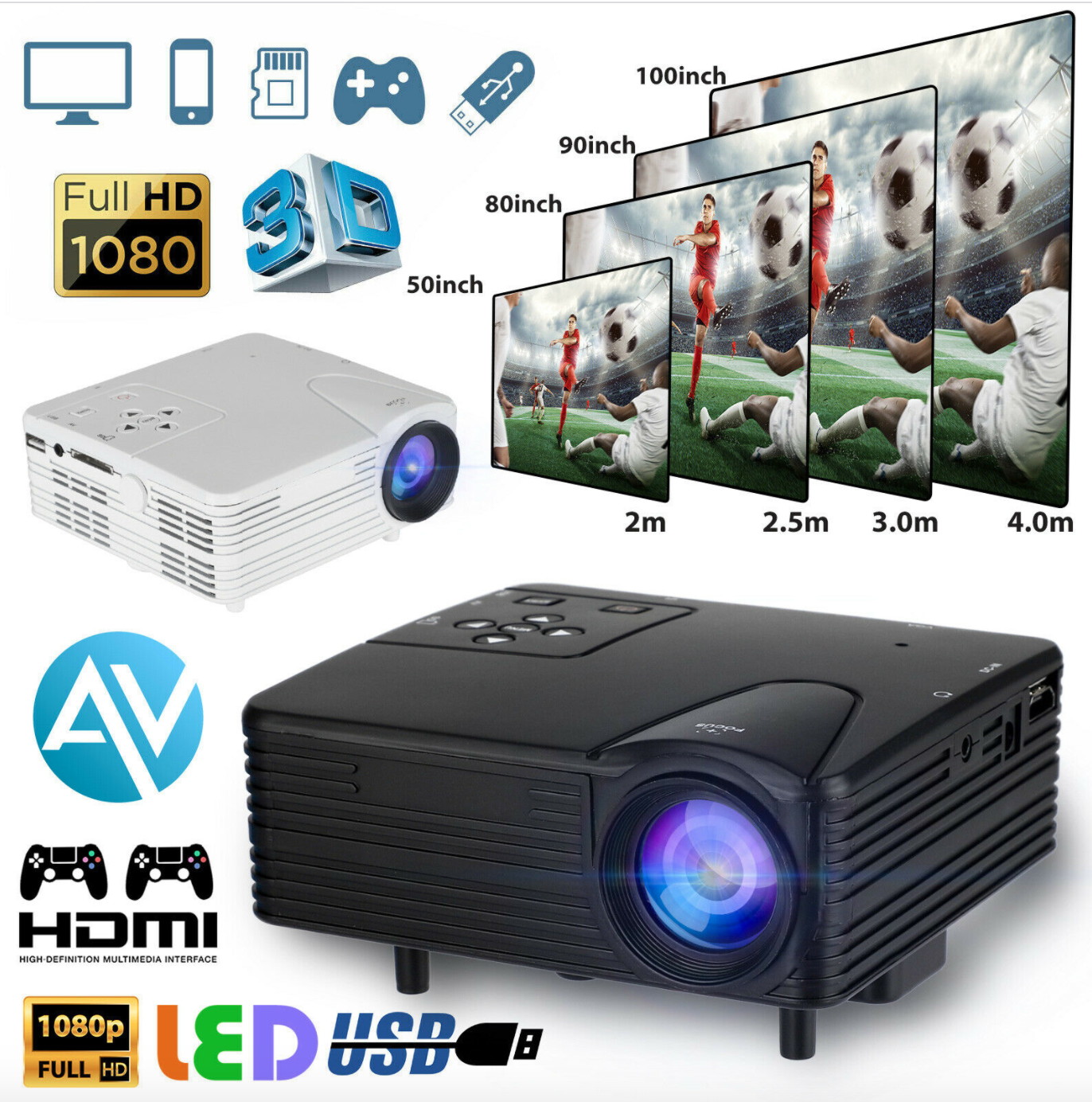 Full HD 1080p LED Portable Projector Video Movie Multimedia Home Theater Cinema