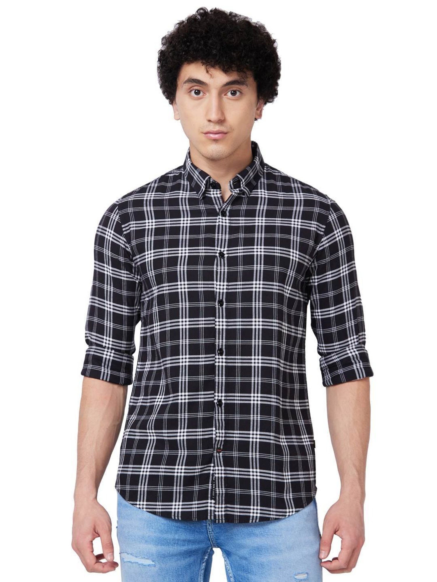 Spykar Black Cotton Regular Fit Checks Shirt