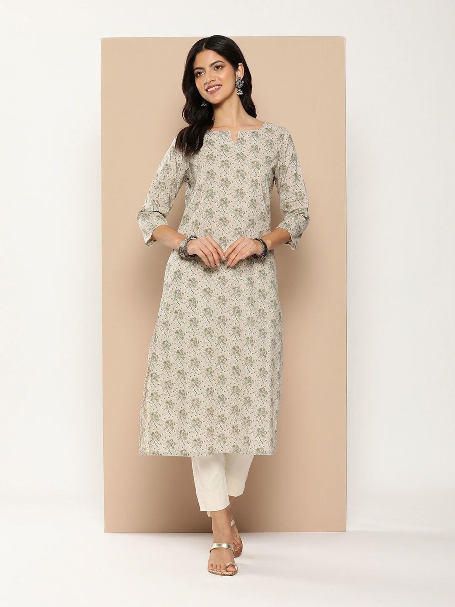 Amukti Beige Cotton Floral Print A Line kurta