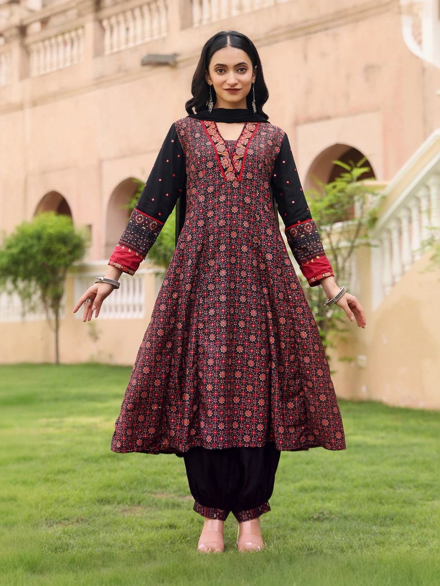 Juniper Black Cotton Embroidered Kurta Pant Set With Dupatta