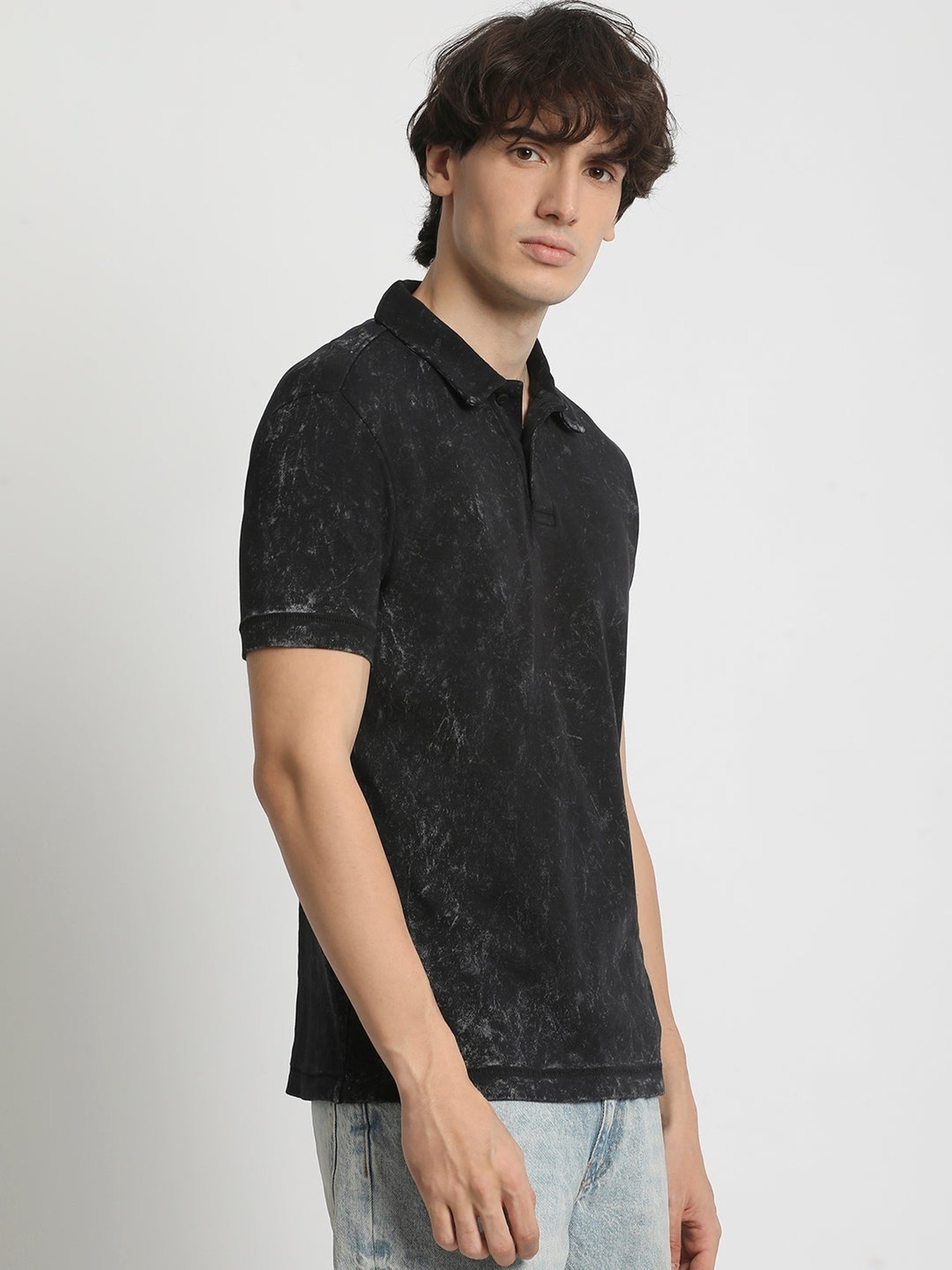 The Bear House Black Cotton Regular Fit Printed Polo T-Shirt
