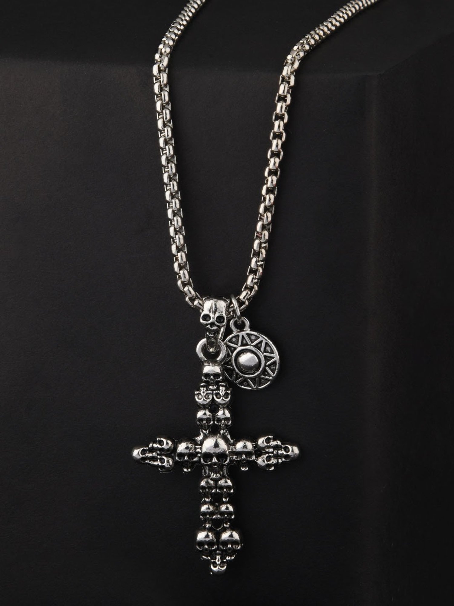 The Bro Code Silver-Plated Skull Embossed Cross Pendant Necklace For Men