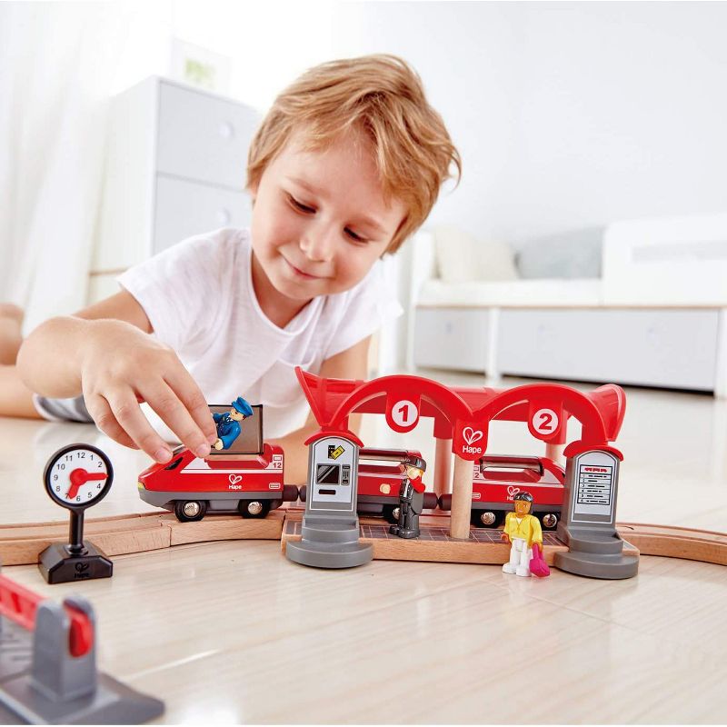 Hape Busy City Themed Magnetic Kids Toddler Play Freight Train Railway Station Toy Set with Passenger Train, Fright Train, and Station