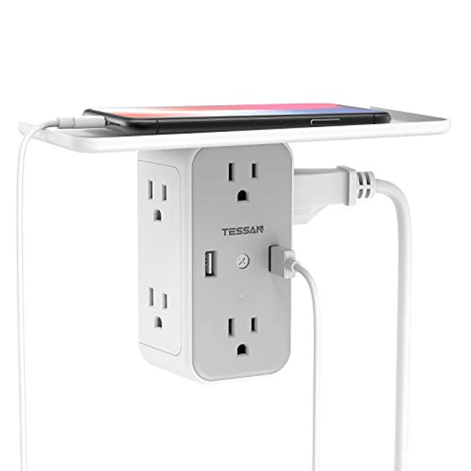 Multi Plug Outlet Extender with Shelf, TESSAN USB Wall Charger with 6 Electrical Socket, Multiple Outlet Expander Surge Protector, Wall Mount Outlet Splitter for Home Dorm Essentials (TS-WM06-GR-US-1)