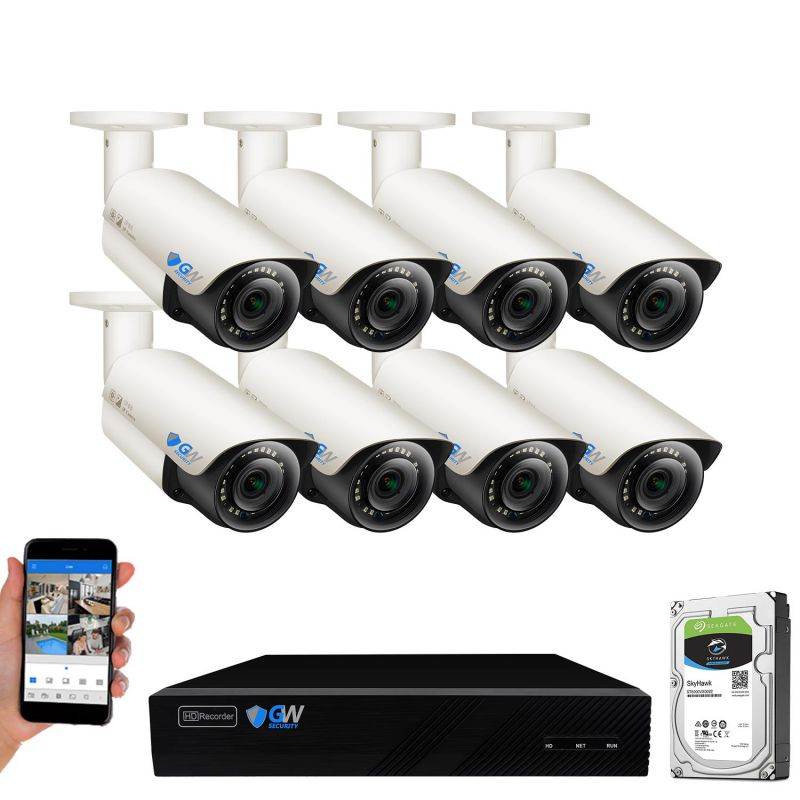 GW 5 Megapixel IP Camera PoE System, 8 Channel H.265 HEVC NVR w/ 4K Output, 8 x 5MP Full HD (2592 x 1920p) Digital WDR Power Over Ethernet Water Proof 130 Ft Night Vision Bullet IP Camera (2TB HDD)