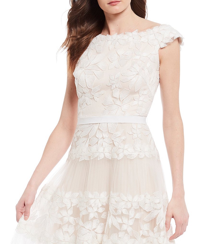 Tadashi Shoji Boat Neck Cap Sleeve Floral Embroidered Tulle A-Line Midi Dress