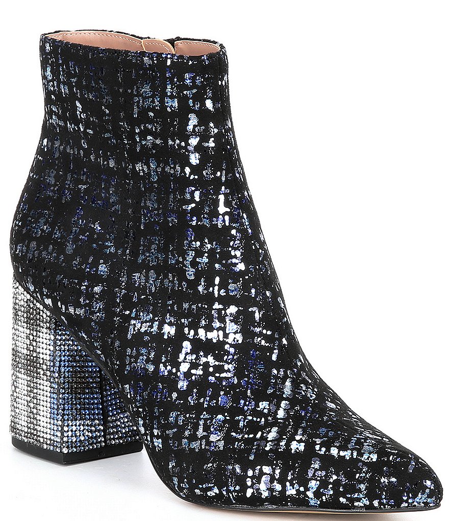Betsey Johnson Kassie Metallic Plaid Embellished Block Heel Pointed Toe Booties