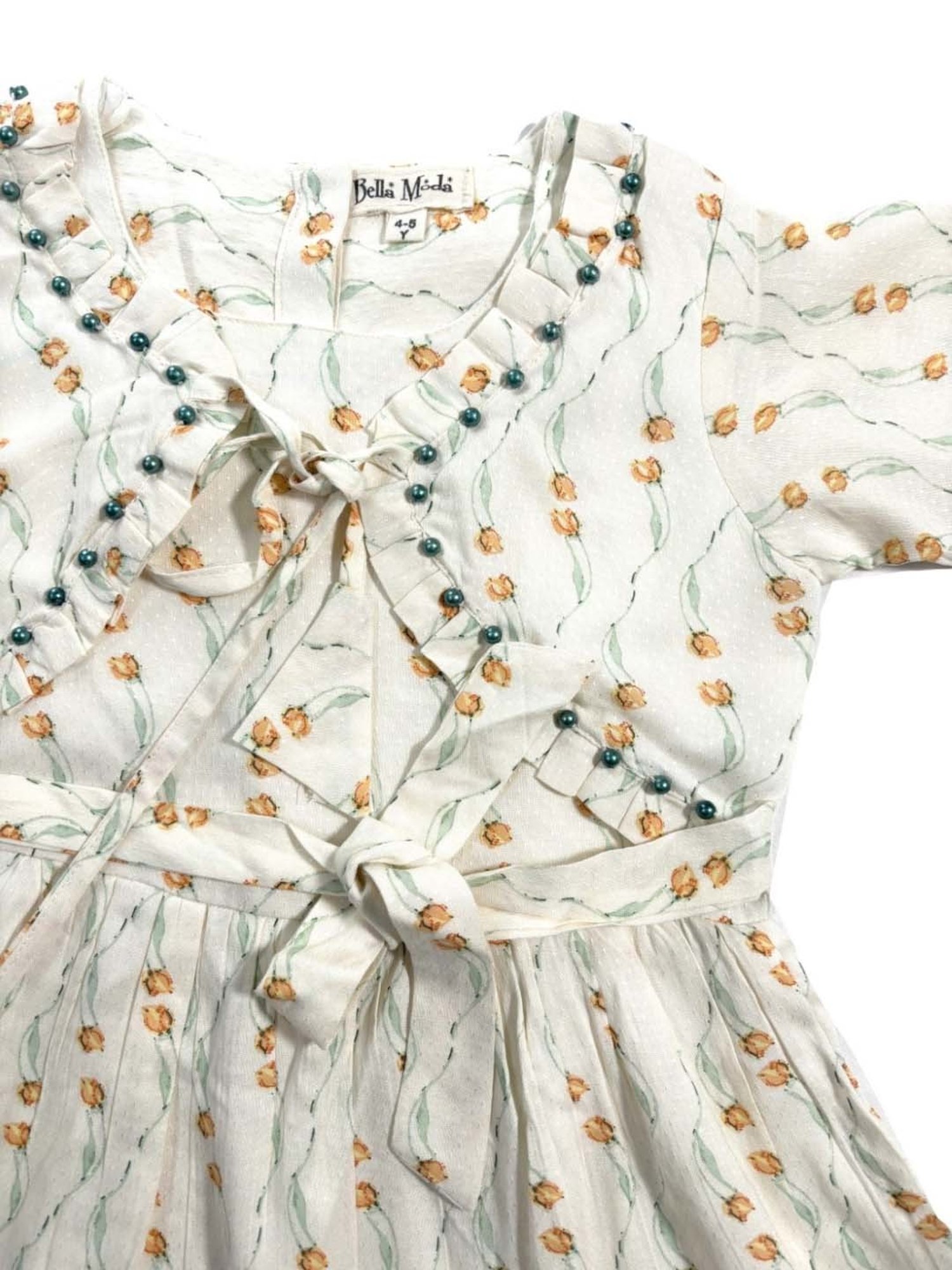 Bella Moda Kids White Cotton Floral Print Full Sleeves Dress