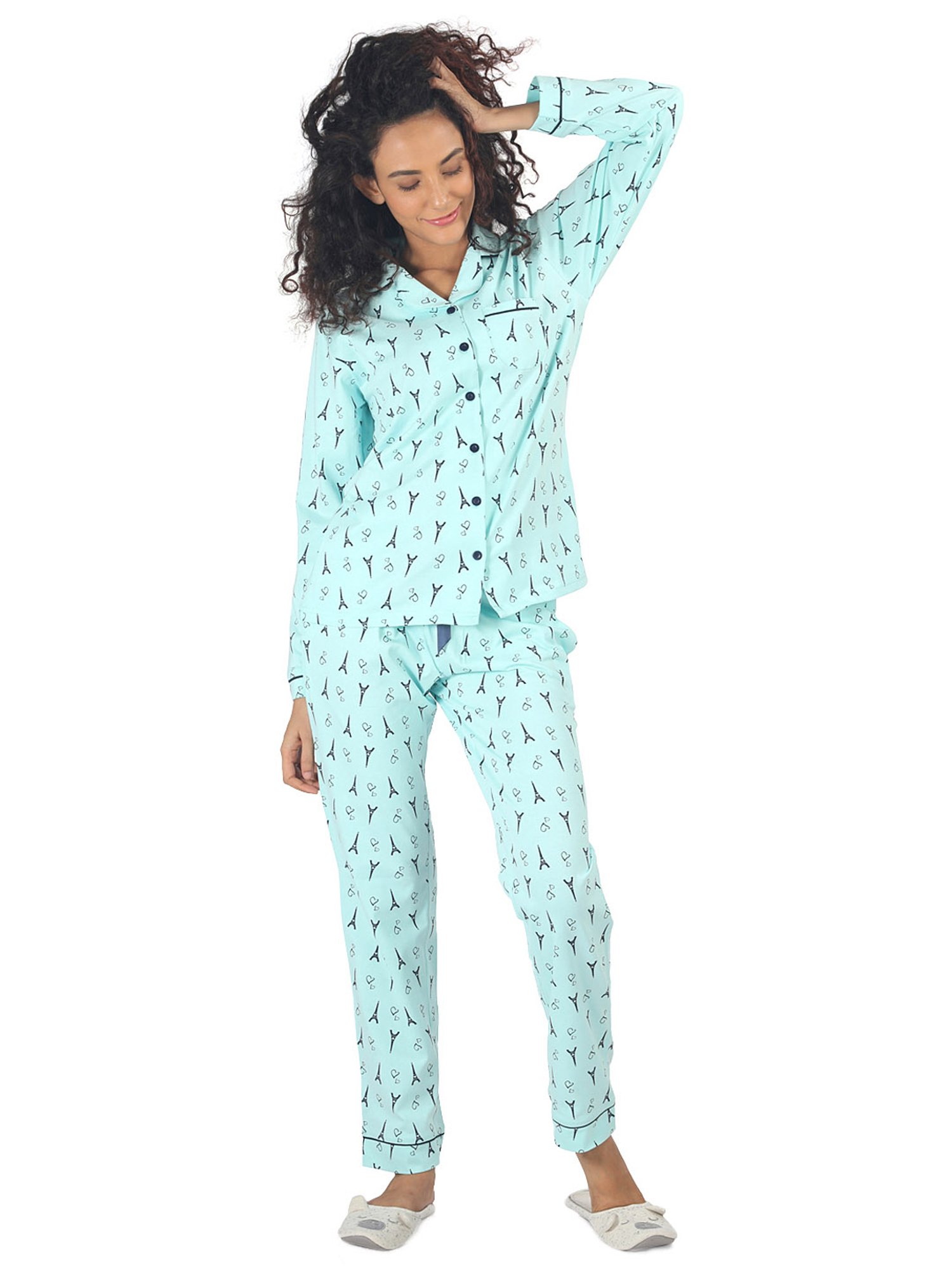 Nite Flite Blue & Black Printed Shirt With Pyjamas