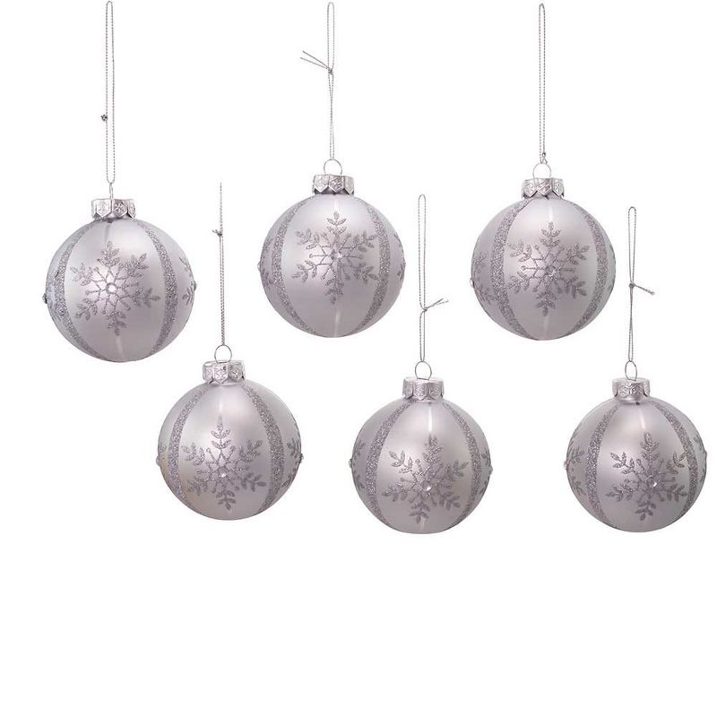 Kurt Adler 80MM Silver Snowflake Glass Ball Ornaments, 6-Piece Set