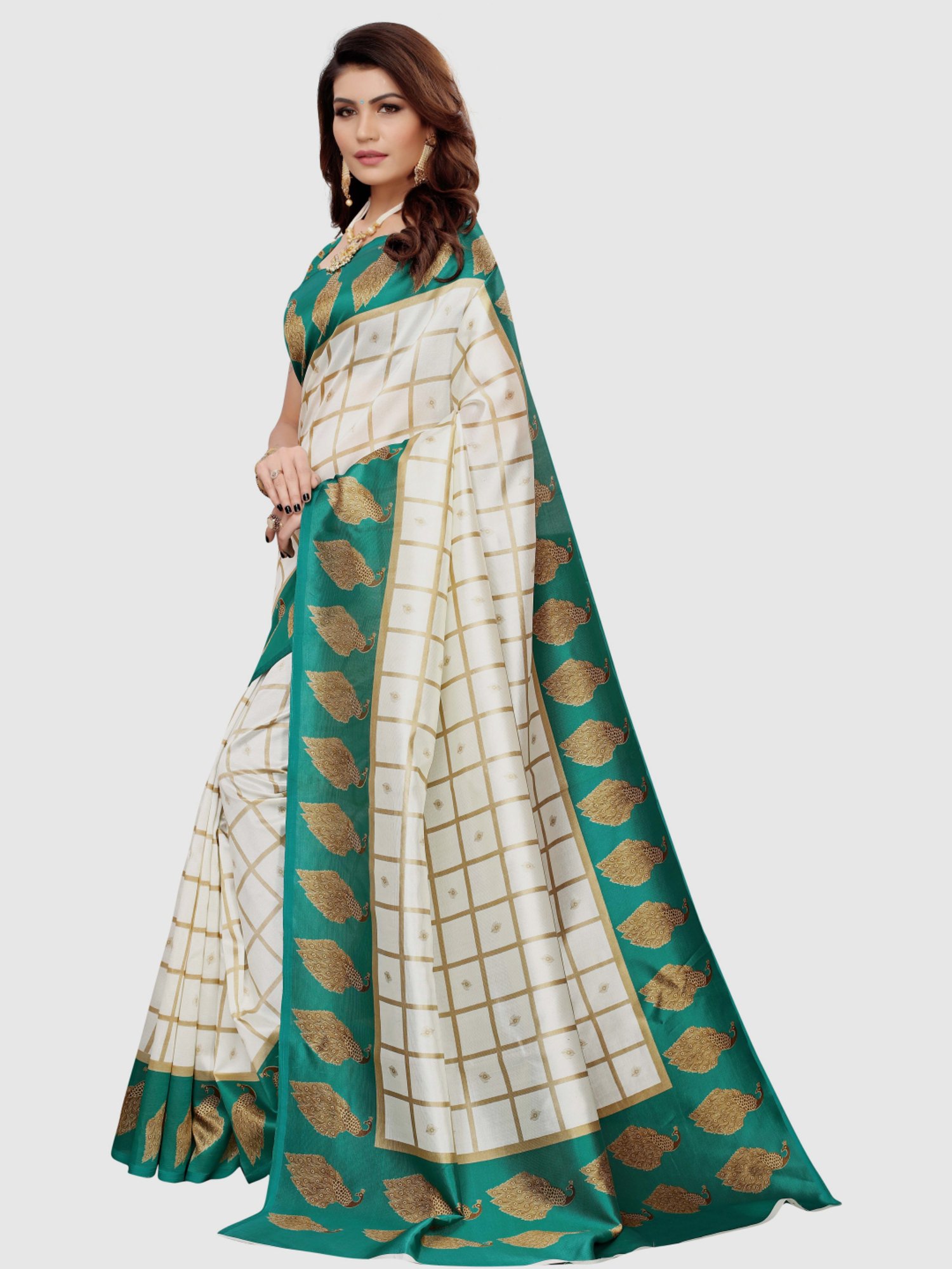 KSUT Off-White & Turquoise Printed Saree With Blouse