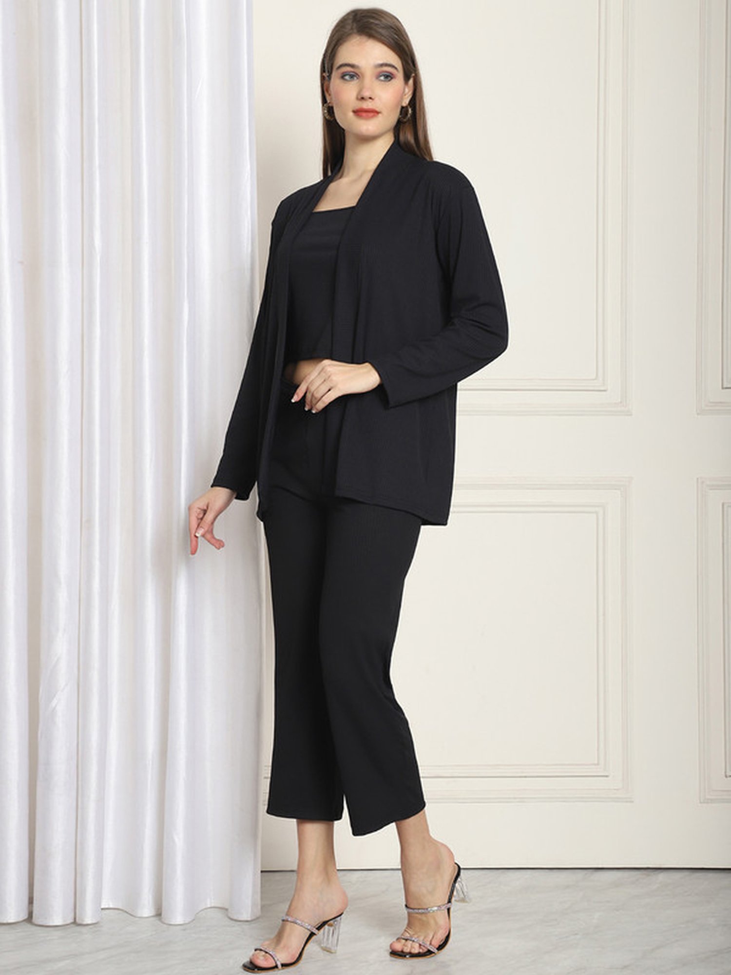 NEUDIS Black Striped Crop Top Trousers Set With Shrug