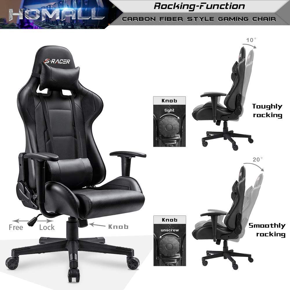 Homall Gaming Chair Office Chair High Back Computer Chair PU Leather Desk Chair Racing Executive Ergonomic Swivel Task Chair, Seat Height Adjustable, with Headrest and Lumbar Support (Blue)