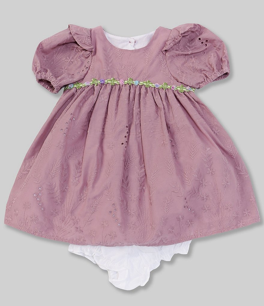Laura Ashley Baby Girls Newborn-24 Months Puff-Sleeve Embroidered Flower-Trim Empire Dress