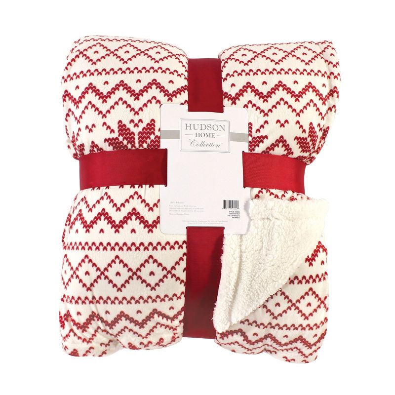 Hudson Home Collection Home Mink Blanket with Sherpa Back, Red Fair Isle Sherpa, 50X60 In. (Throw)