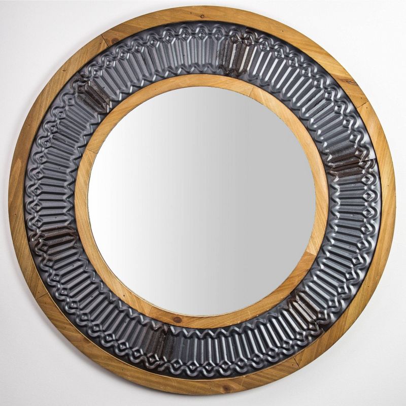 31" Round Rustic Wood/Metal Framed Decorative Wall Mirror - Crystal Art Gallery