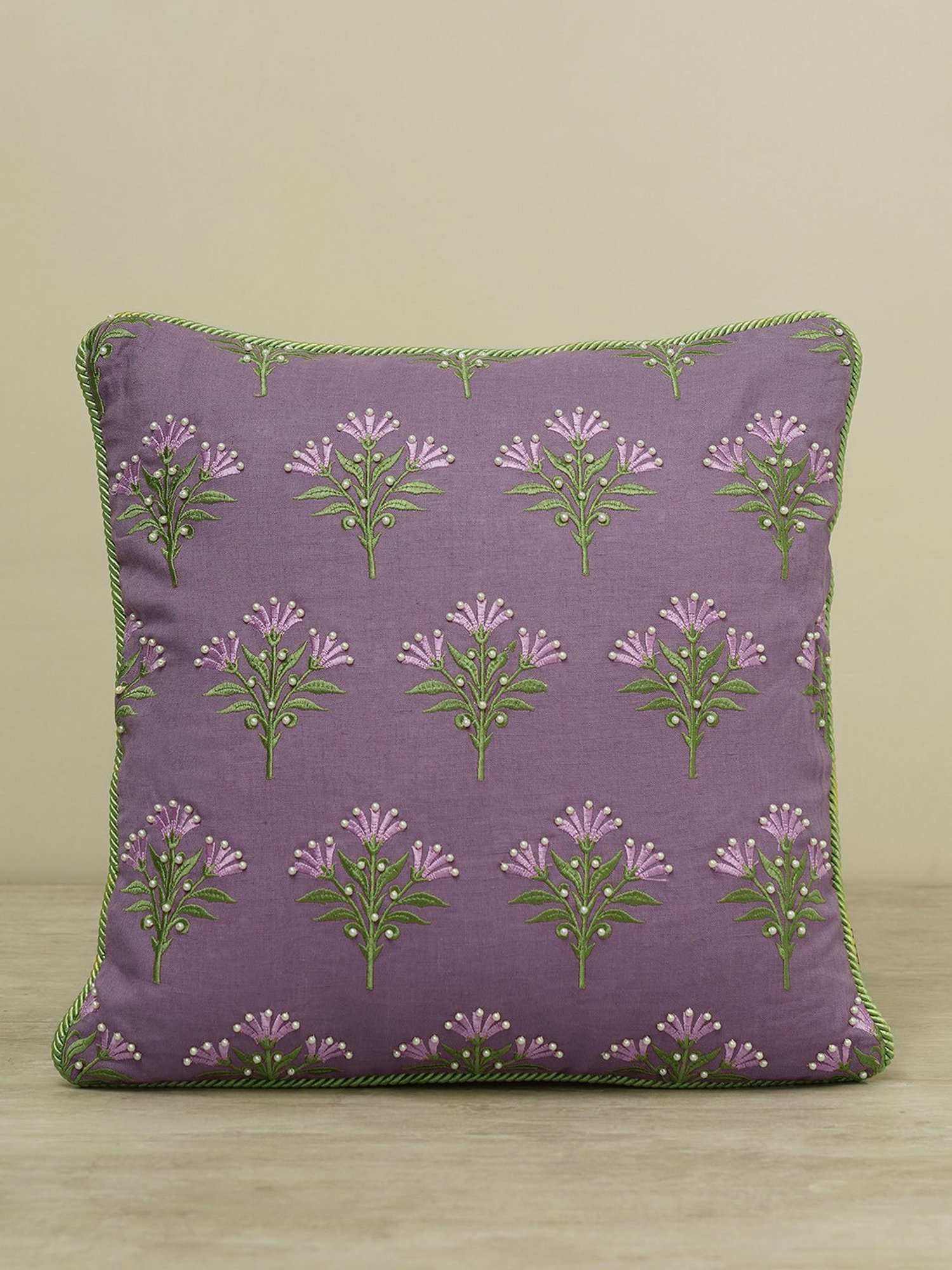 Pure Home and Living Purple Linen Embroidery Cushion Covers