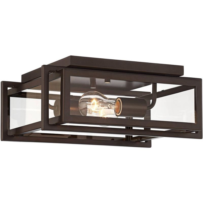 Franklin Iron Works Modern Industrial Ceiling Light Flush Mount Fixture Oiled Bronze 14" Wide 2-Light Clear Glass Bedroom Hallway