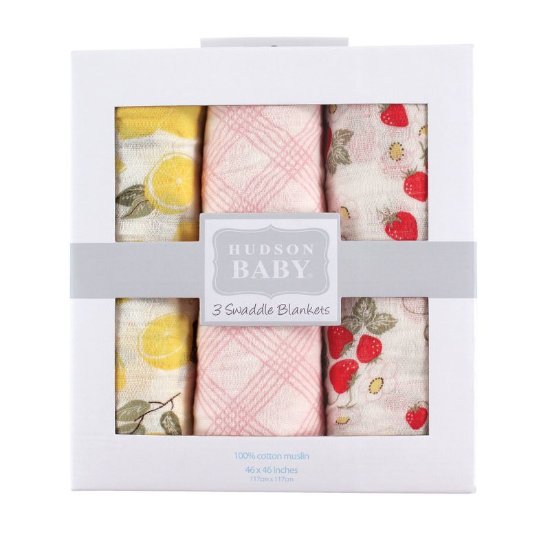 Hudson Baby Infant Girl Cotton Muslin Swaddle Blankets, Strawberry Lemon, One Size