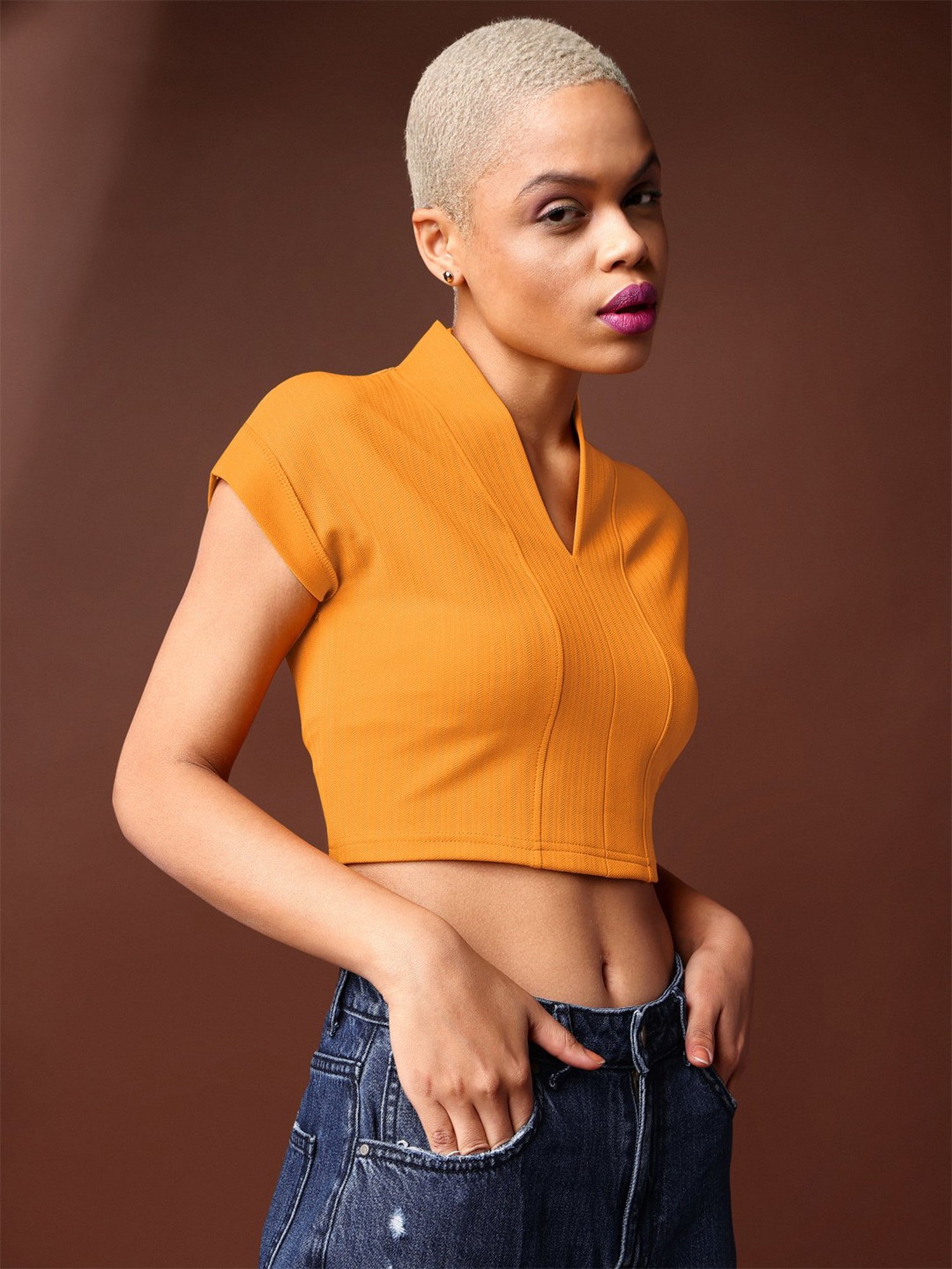 PURVAJA Yellow Regular Fit Crop Top