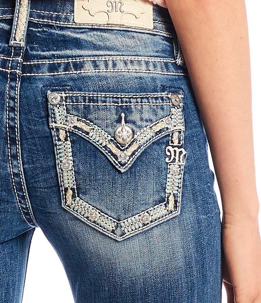 Miss Me Destructed Embellished Stitch Floral Bootcut Jeans