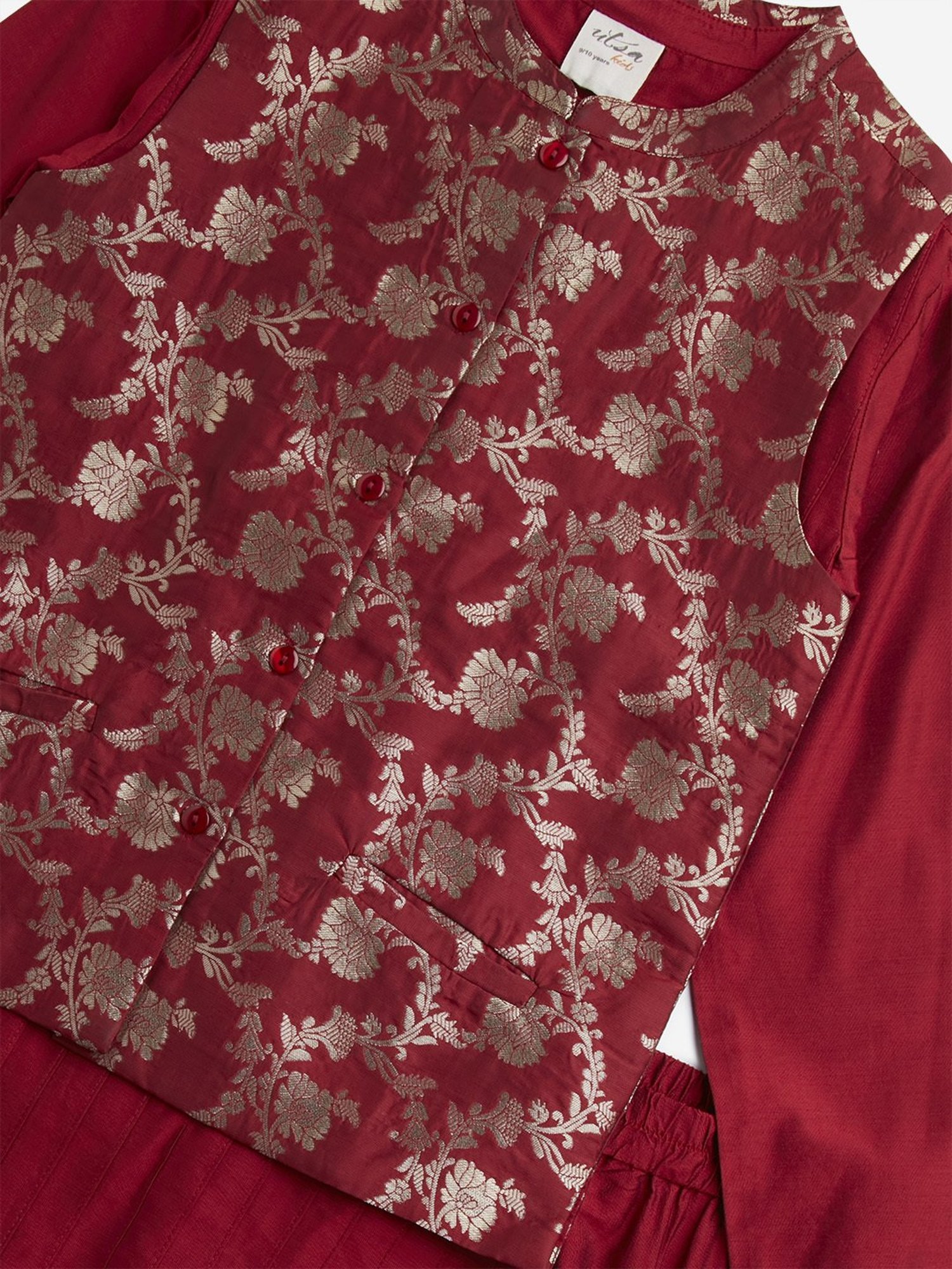 Utsa Kids by Westside Red Floral Design Jacket, Kurta and Pants Set