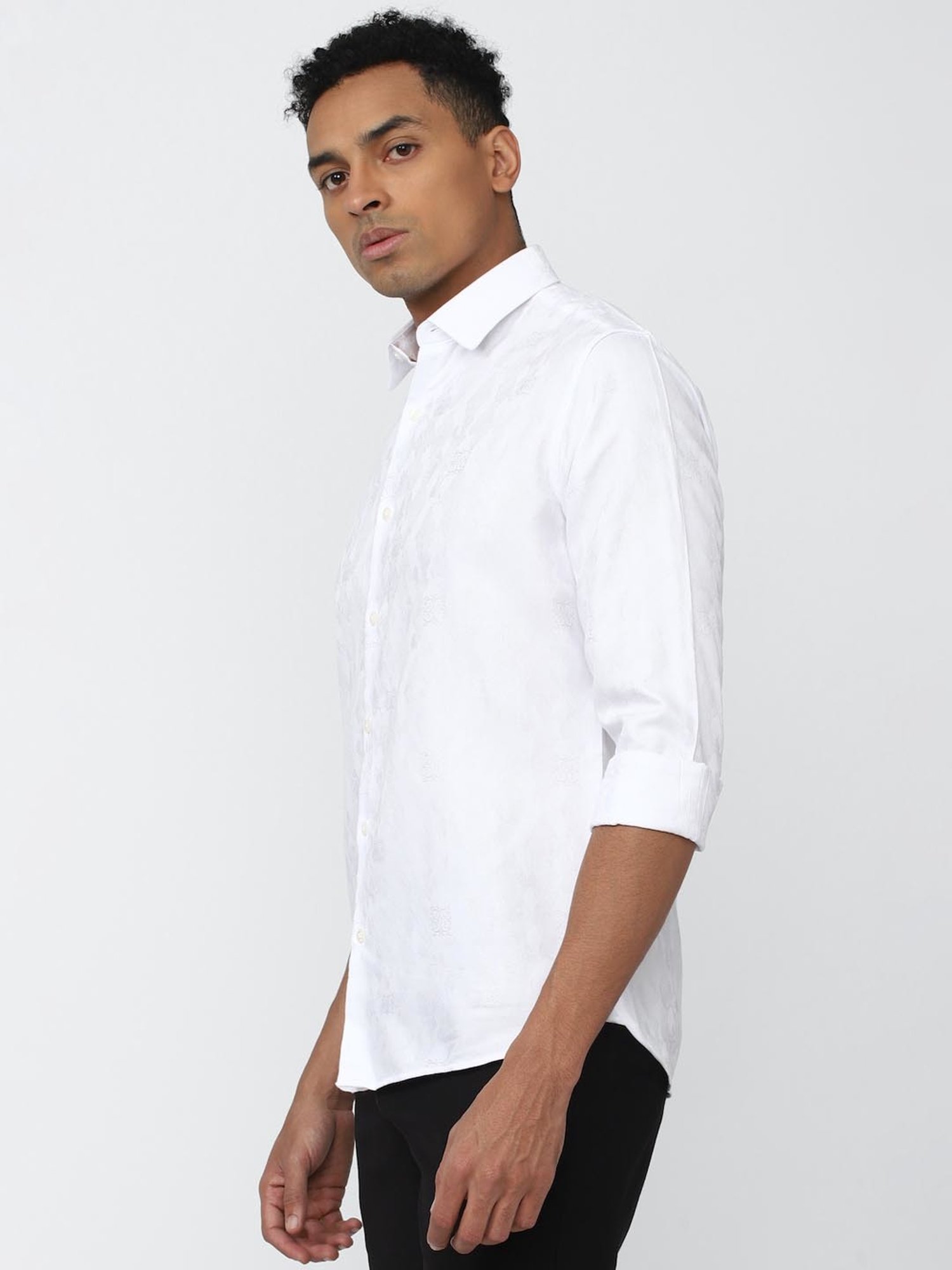 V Dot White Cotton Slim Fit Shirt