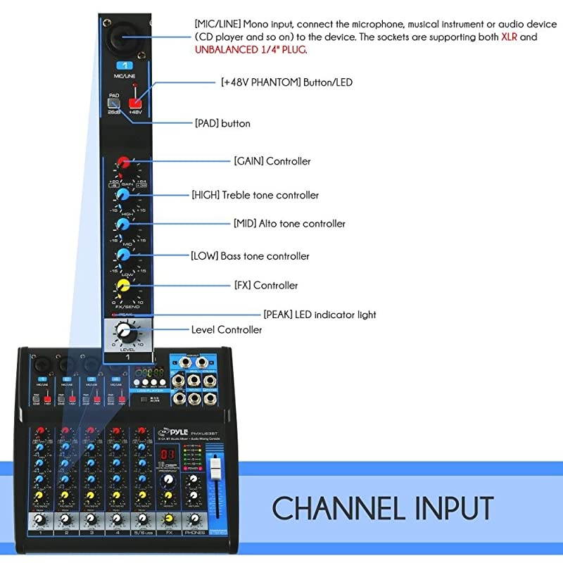 Professional Audio Mixer Sound Board Console Desk System Interface with 6 Channel USB Bluetooth Digital MP3 Computer Input 48V Phantom Power Stereo DJ Streaming FX16 Bit DSP PMXU63BT