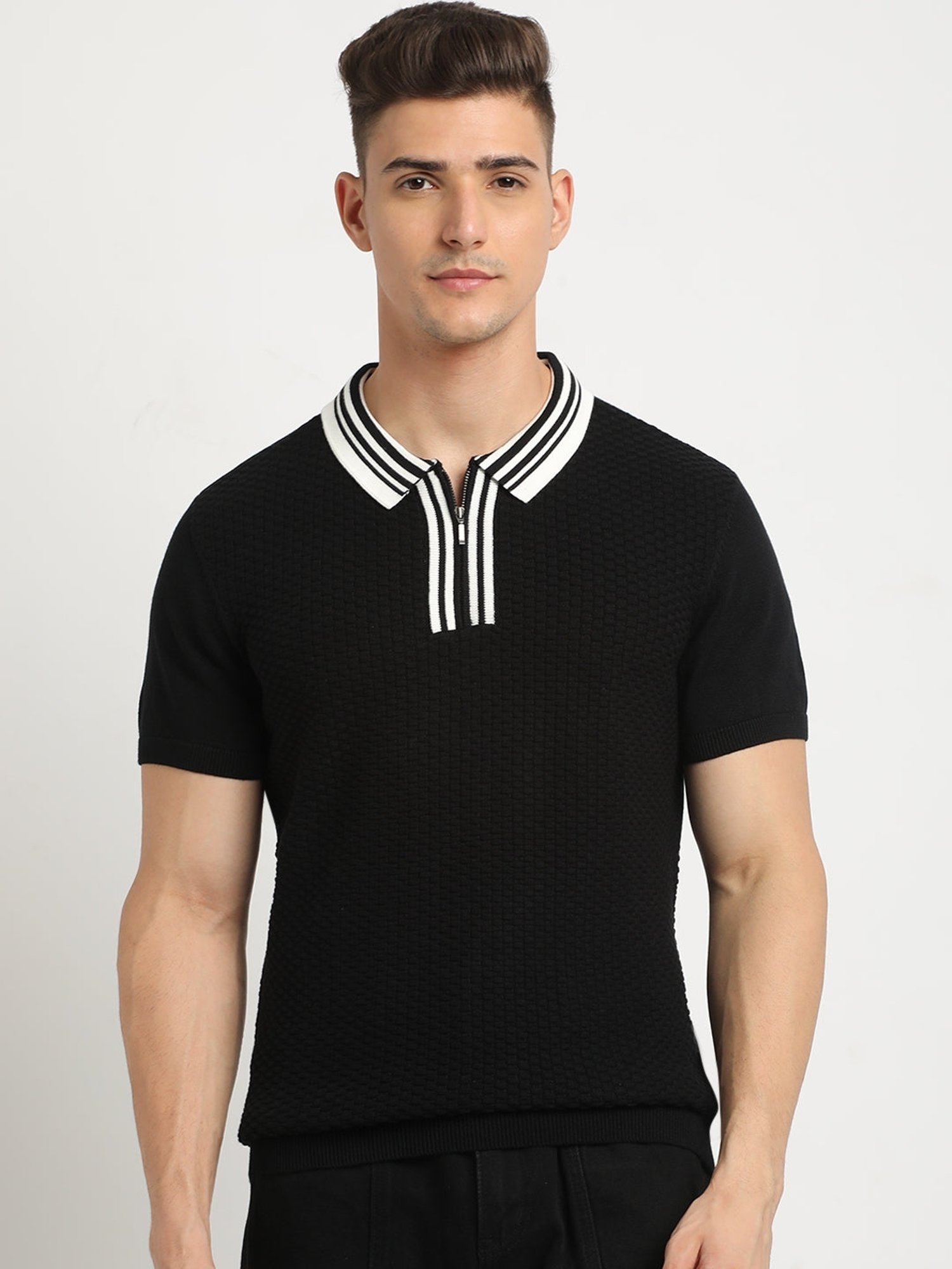 The Bear House Black Cotton Regular Fit Self Pattern Polo T-Shirt