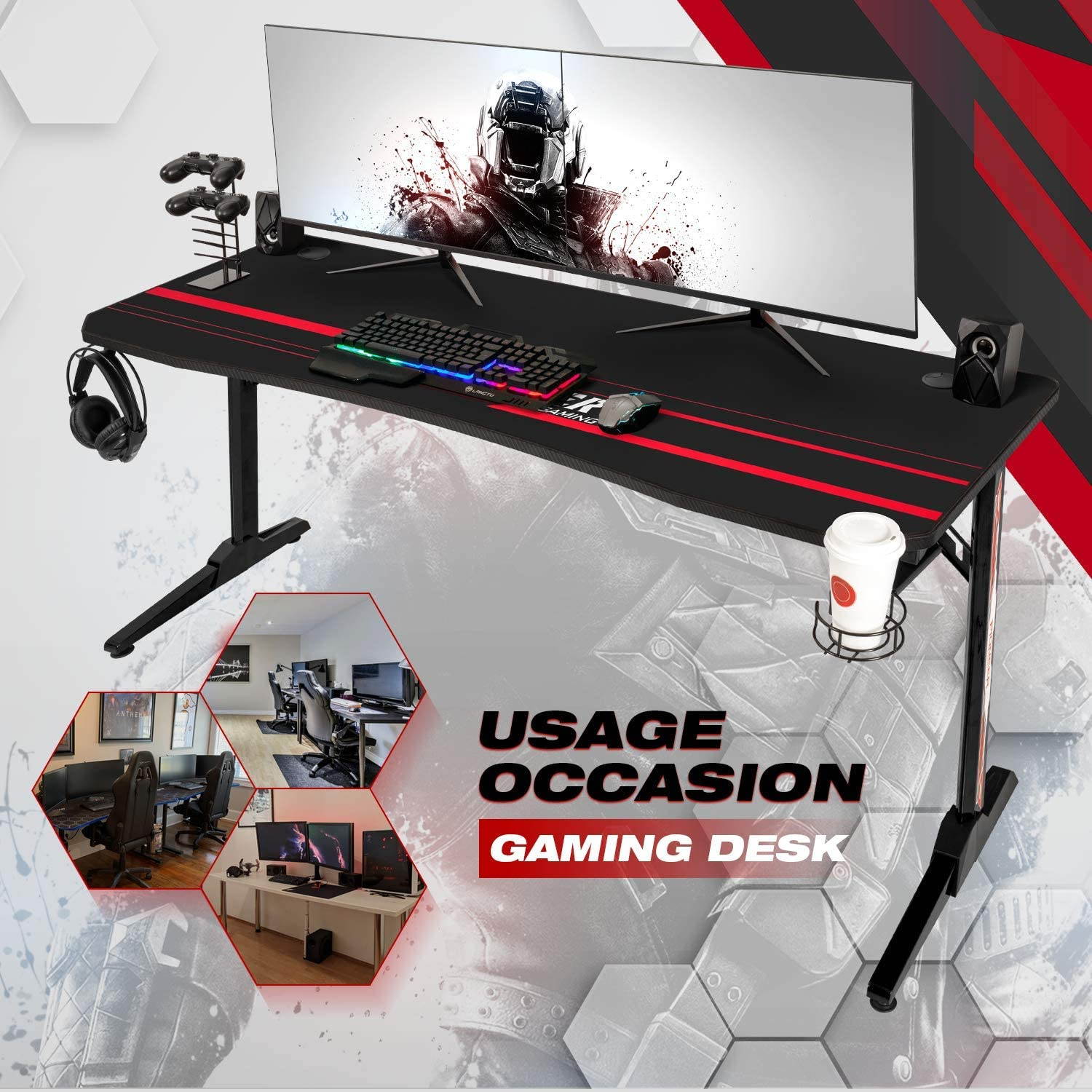Devoko 55 Inch Gaming Desk T-Shaped PC Computer Table with Free Mouse Pad Carbon Fibre Surface Home Office Desk Gamer Table with Game Handle Rack Headphone Hook and Cup Holder (Black)