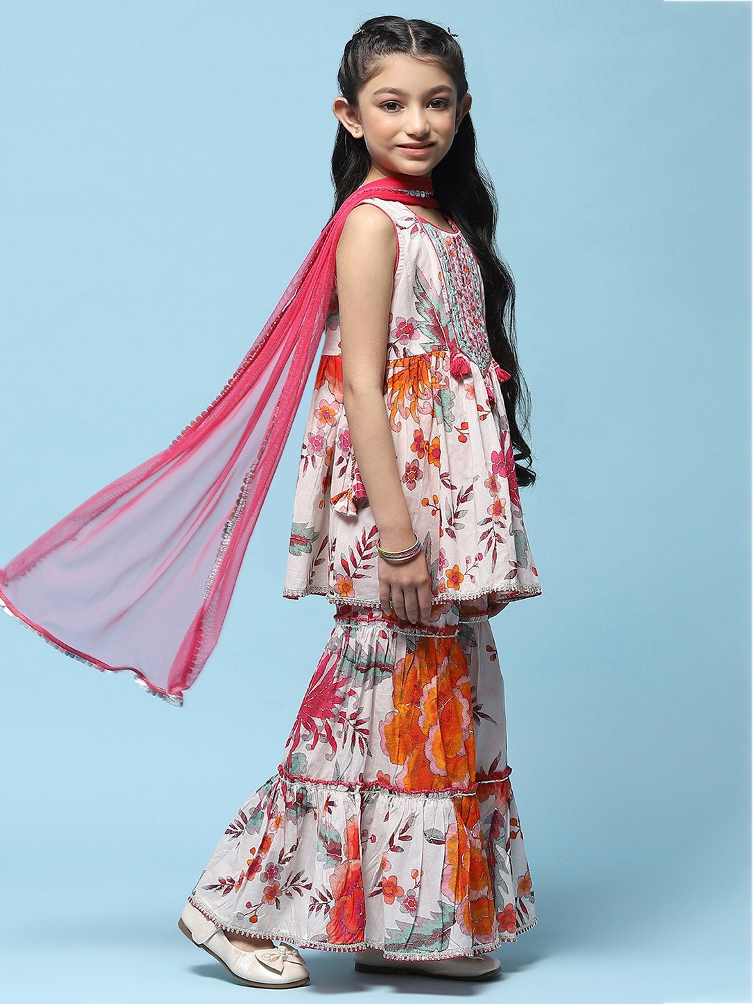 BIBA Girls White & Pink Printed Kurta, Sharara with Dupatta
