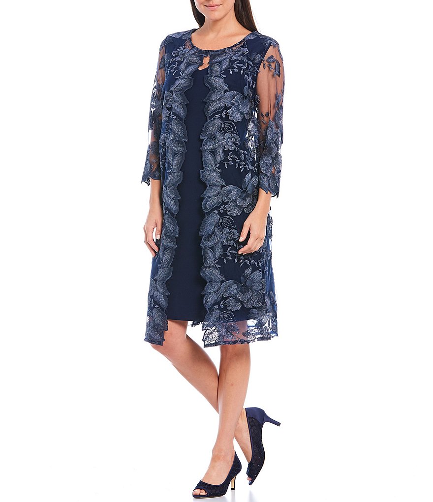 Jkara Chiffon Popover Beaded V-Neck 3/4 Capelet Sleeve Gown