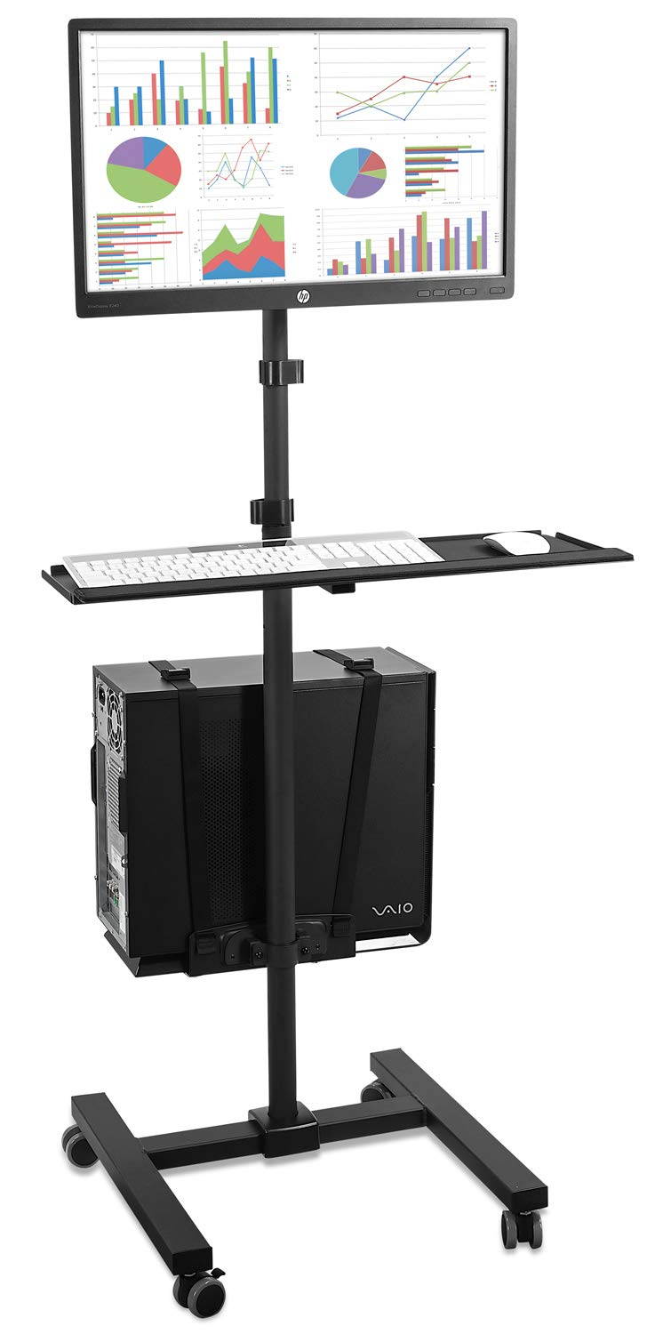 Mount-It! Rolling Computer Cart | Mobile Workstation with Tray Monitor Mount and CPU Holder