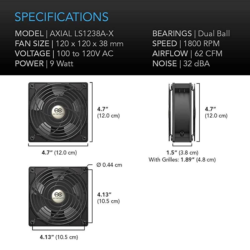 AXIAL LS1238, Quiet Muffin Fan, 120V 120mm x 38mm Low Speed, UL-Certified for DIY Cooling Ventilation Exhaust Projects