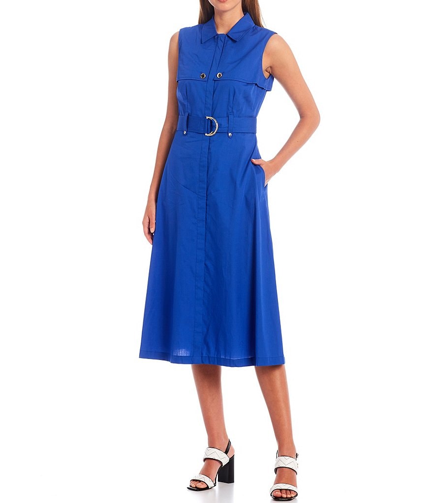 KARL LAGERFELD PARIS Cotton Shirt Dress Point Collar Sleeveless with Self Belt Midi Dress