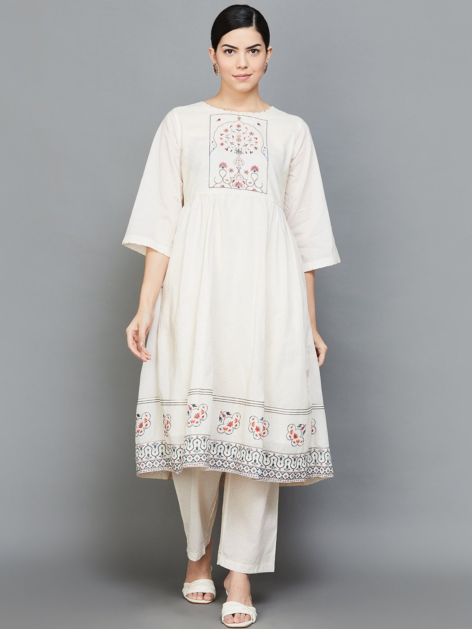 Melange by Lifestyle Off-White Cotton Floral Print Kurta Pant Set With Dupatta