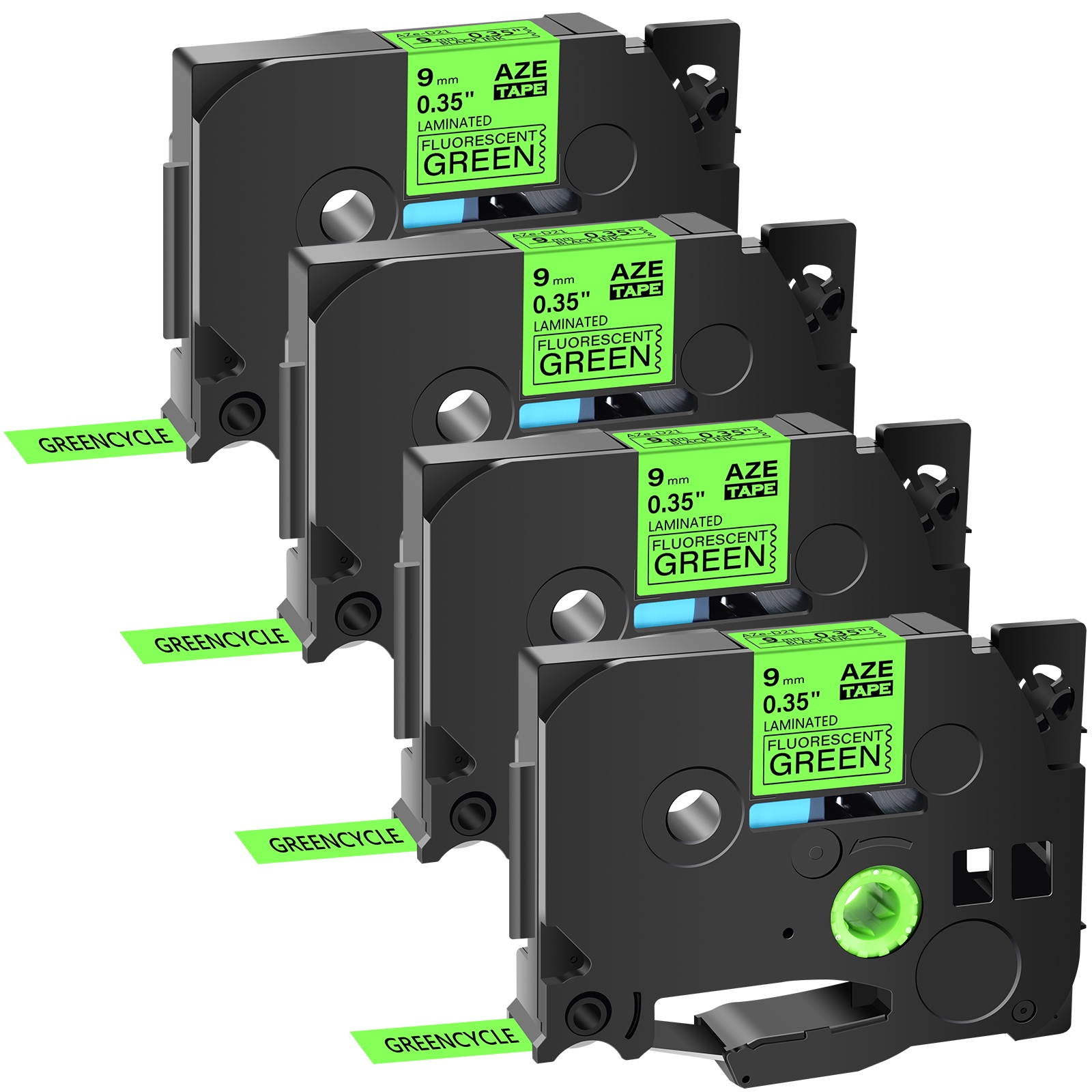 GREENCYCLE 4 Pack Compatible TZ TZe TZe-D21 TZD21 TZ-D21 TZeD21 Label Tape 9mm 0.35 Inch Black on Fluorescent Green Laminated use in Brother P-Touch Cube PT-D600 PT-H110 PT-D210 PT-D400 Label Maker