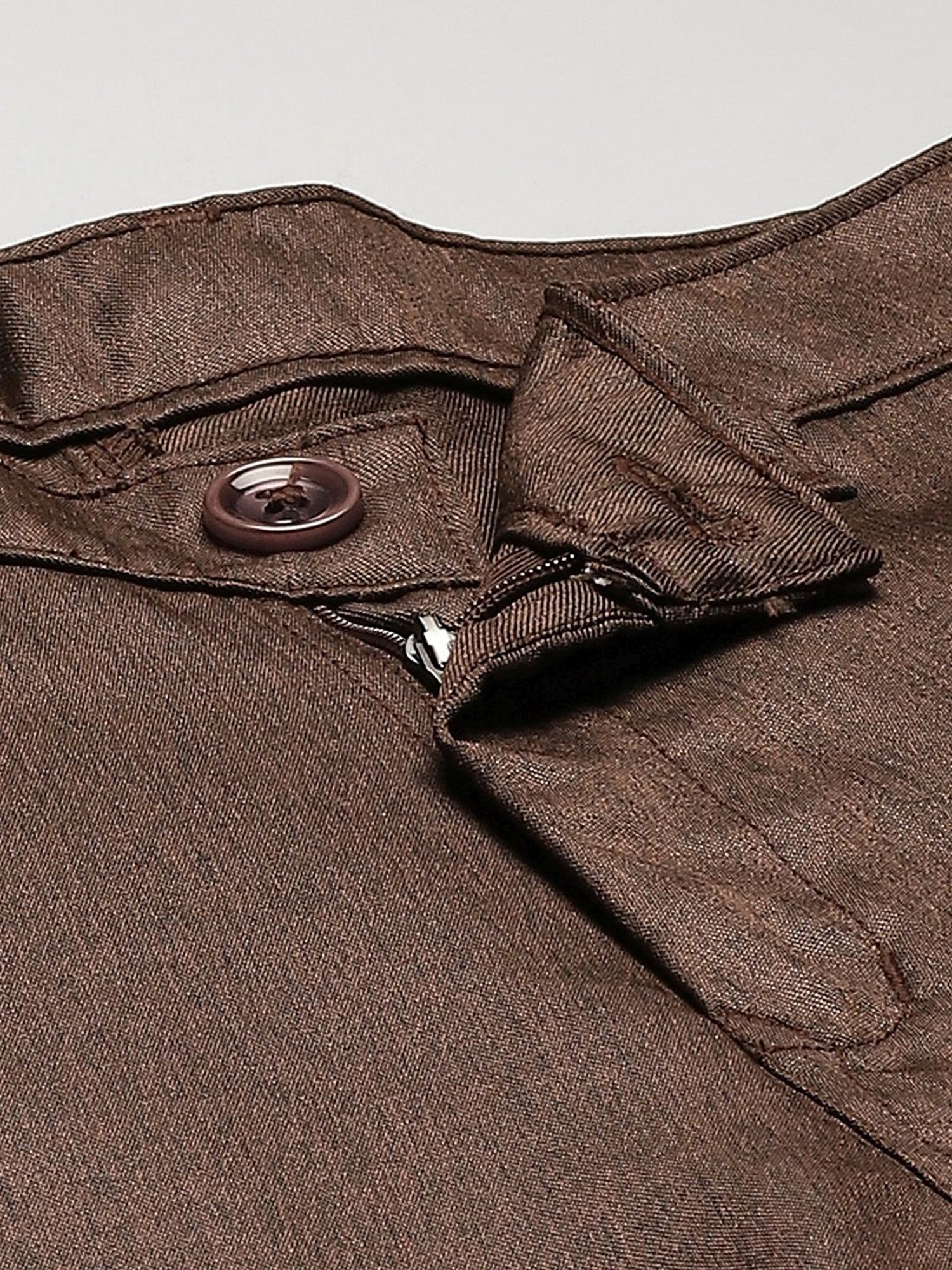 Sojanya Brown Cotton Regular Slim Fit Self Pattern Flat Front Trousers