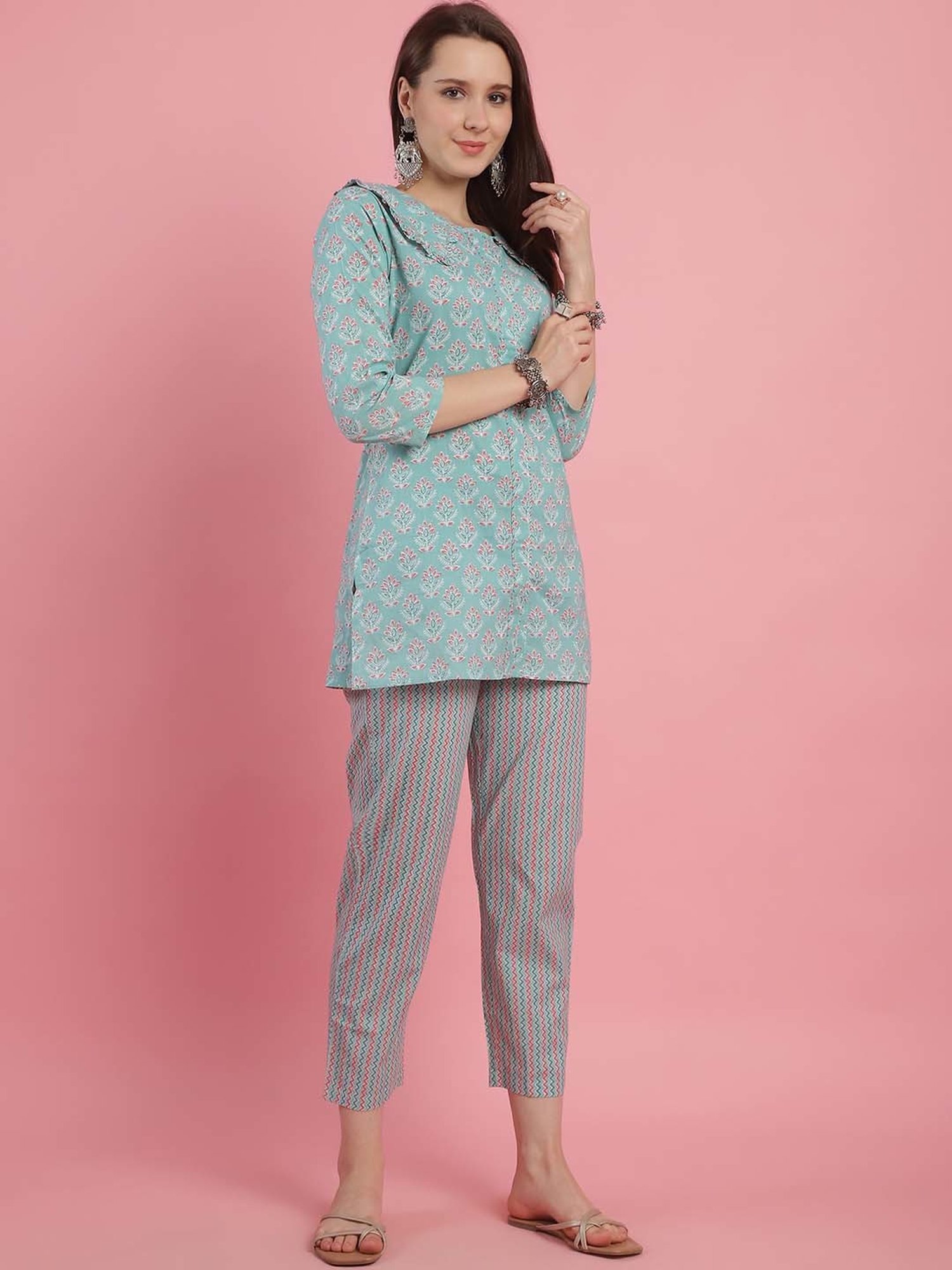 Prakrti Green Cotton Floral Print Top Pant Set