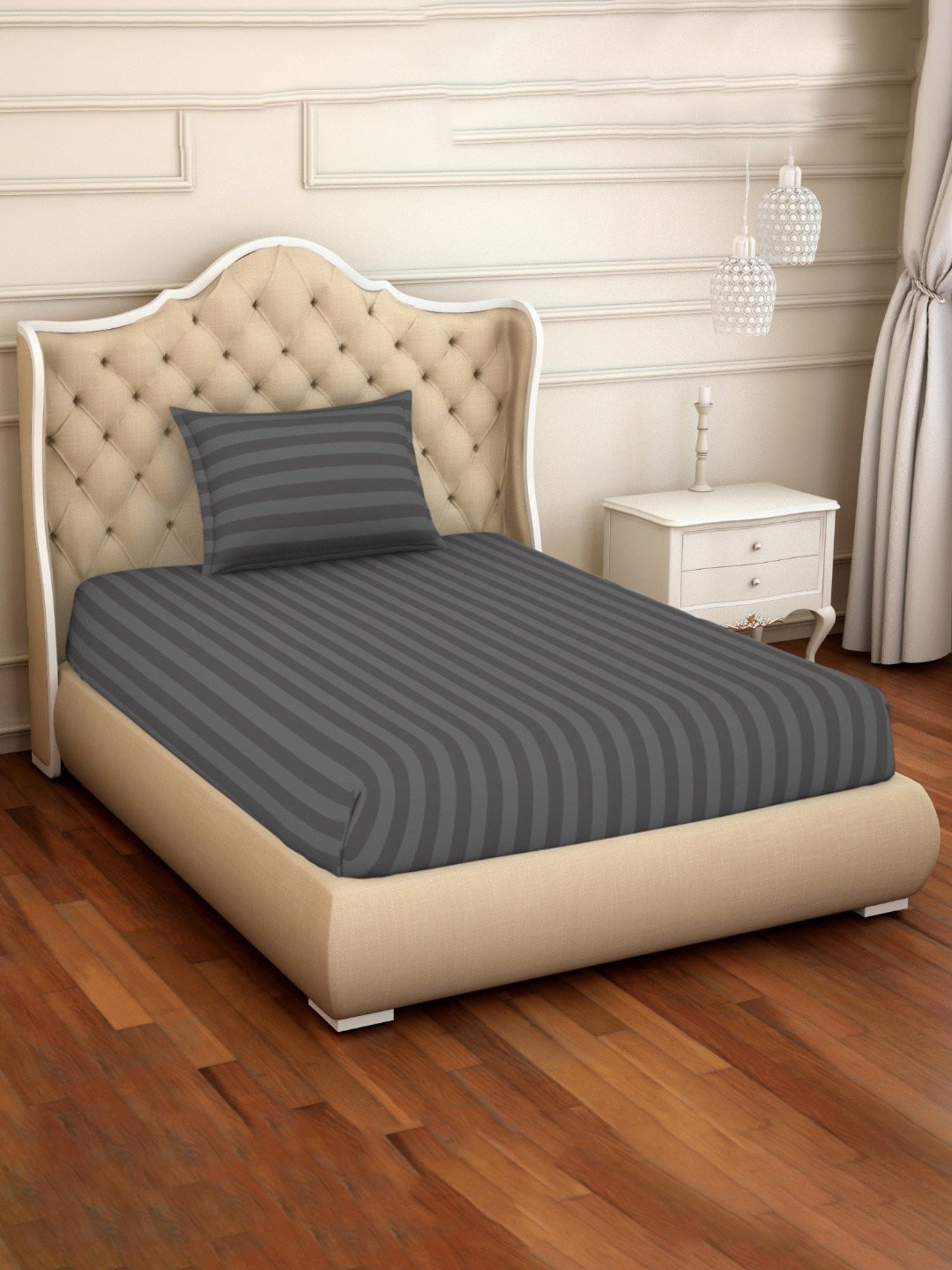 Spaces Skyrise Stripes Grey 210 TC Cotton Single Bedsheet With 1 Pillow Covers