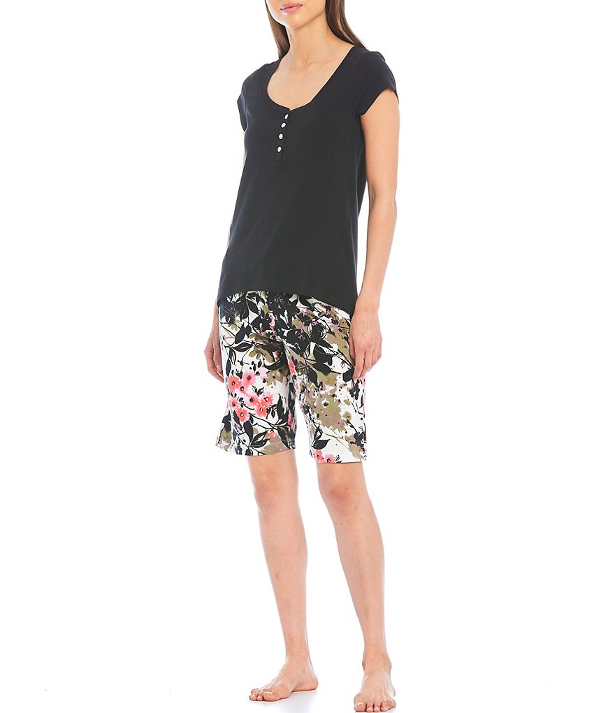 HUEtique Floral Breeze Print Knit Bermuda Sleep Drawstring Shorts