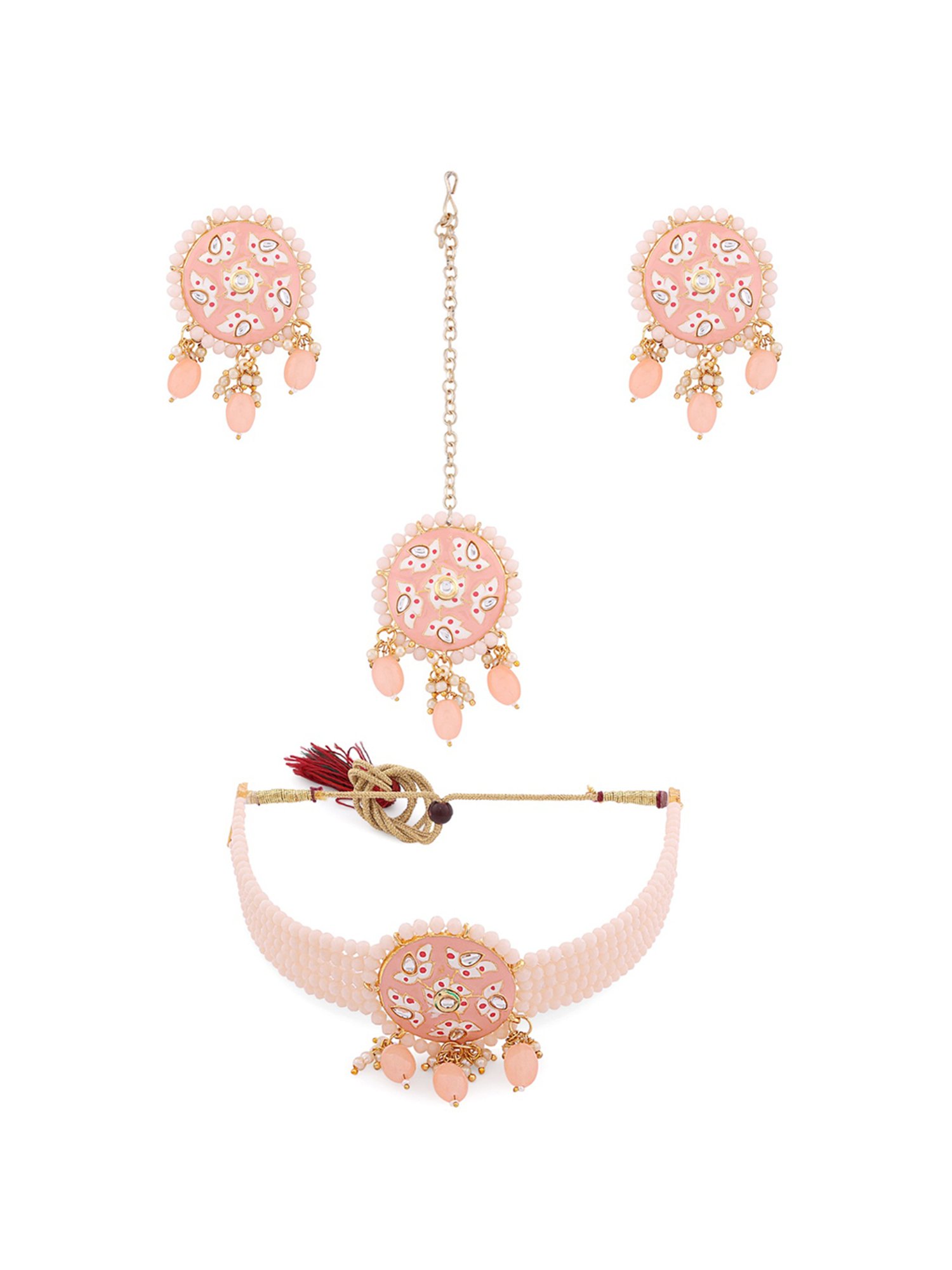 Zaveri Pearls Peach Meenakari Multistrand Beaded Choker Necklace Earring & Maangtikka Set-ZPFK13782